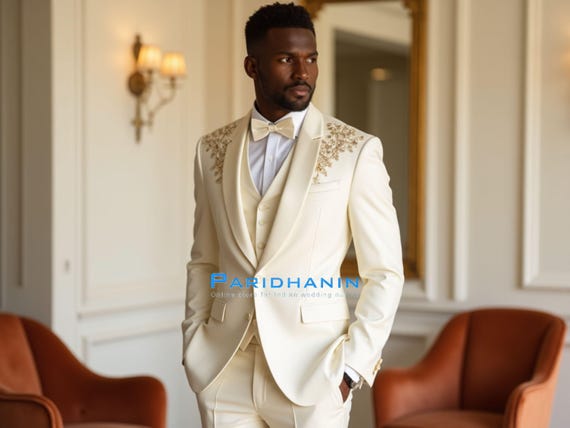 Mens Ivory Gold Embroidered Tuxedo Wedding Groom 3 Piece Suit | Paridhanin.