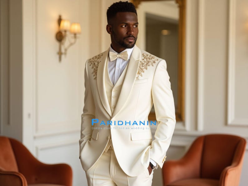 Mens ivory gold embroidered tuxedo 3 piece wedding groom suit with peak lapel