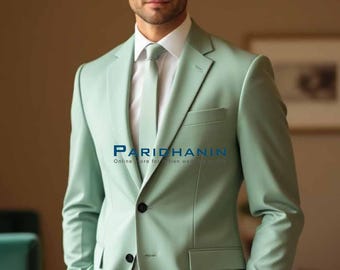 Mens Pale Green 2 Piece Suit Wedding Groom Slim Fit Summer Formal Outfit | Paridhanin.