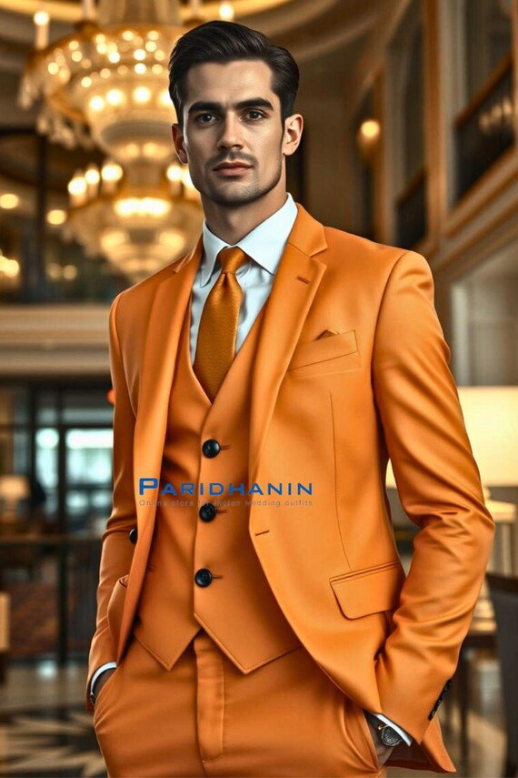Costume de bal de promo orange 3 pieces pour homme recherchant une fete une reception Revers crantes classique tenue elegante pour homme d honneur
