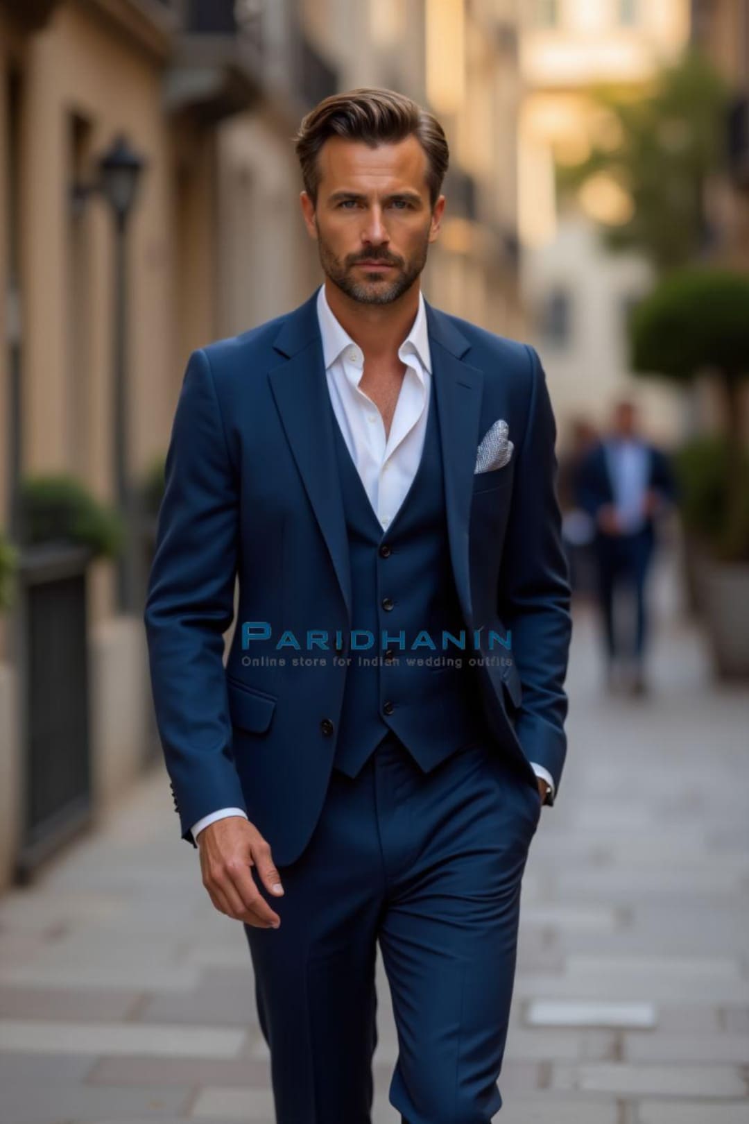 Mens Dark Blue 3 Pc Wedding Suit Slim Fit Blue Groom Tuxedo Tailor — free download