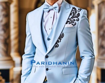 Mens Sky Blue Embroidered 3 Piece Wedding Suit Slim Fit Groom Tuxedo | Paridhanin