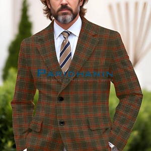 Olive and Rust Checked Blazer – Tailored Fit & Modern Style | Paridhanin