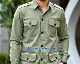 Mens Light Sage Green Cotton Utility Shirt Casual Military Style Outdoor Wear | Paridhanin
