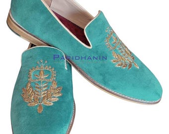 Mens Teal Velvet Embroidered Wedding Loafers Slip On Shoes | Paridhanin.