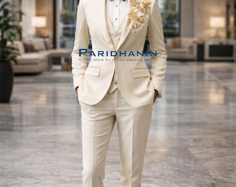 Womens Ivory Gold Embroidered Tuxedo Suit Wedding 3 Piece Set | Paridhanin.