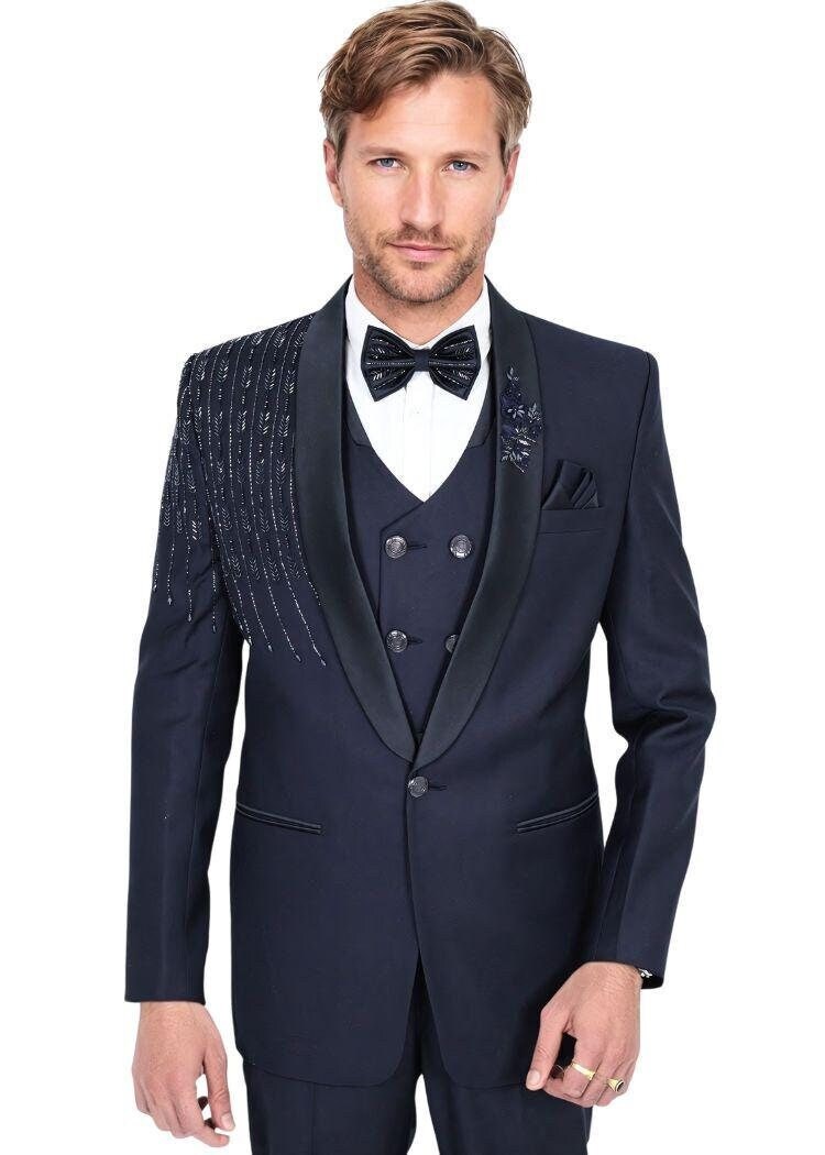 Elegant Navy Blue Wedding Tuxedo Suit with Hand Embroidery and Shawl Lapel Paridhanin