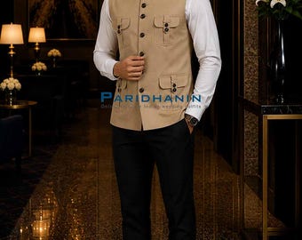 Mens Tan Cotton Nehru Vest Safari Style 4 Pocket Wedding Waistcoat Slim Fit | Paridhanin.