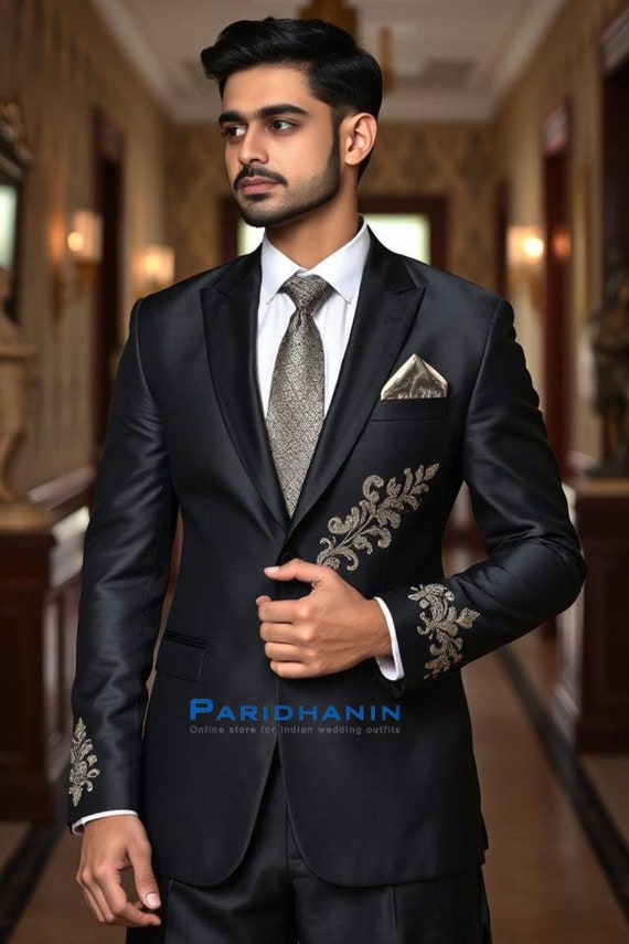 Black 2 piece Wedding Suit for Men With Elegant Embroidery Looking for Party Reception Stylish Outfit for Groom Paridhanin Etsy