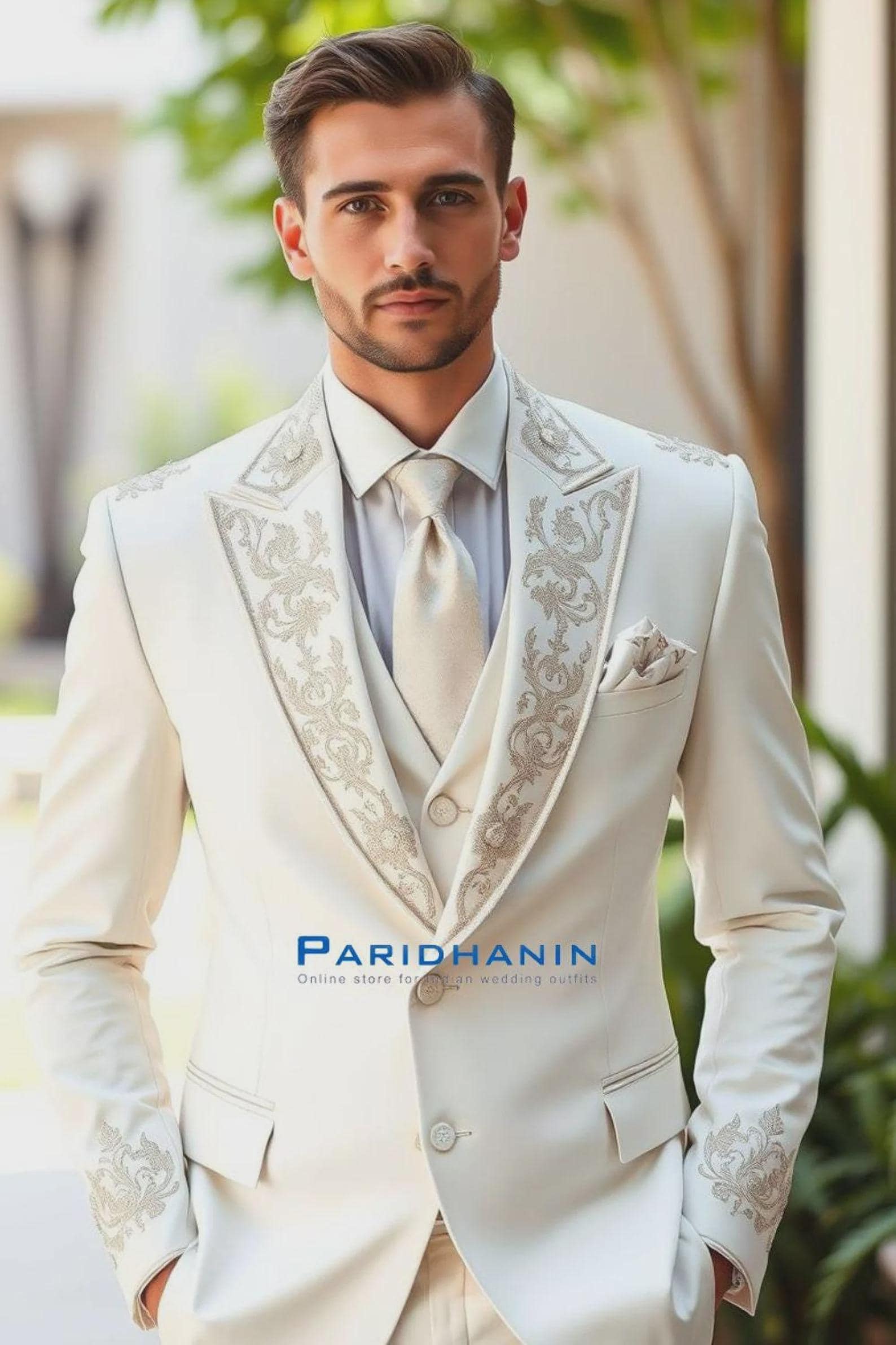 Ivory 3 Piece Wedding Tuxedo for Men | Embroidered Formal Suit for Groom | Sherwani Alternative | Elegant Gift for Him