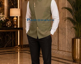 Mens Olive Green Nehru Vest Polyester Wedding Groomsman Waistcoat Slim Fit | Paridhanin.