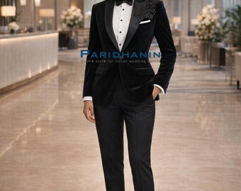 Women Black Velvet Embroidered Tuxedo Suit Wedding Bridal Pantsuit Formal Blazer Set | Paridhanin.