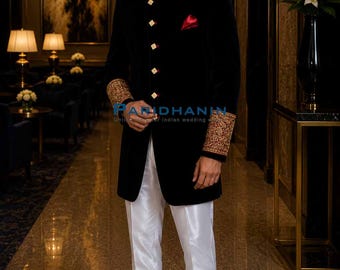 Mens Navy Blue Velvet Sherwani Indo Western 3 Piece Wedding Outfit | Paridhanin.