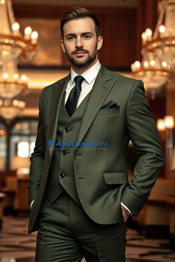 Costume pour homme 3 pieces vert olive pour tous et pour tous Revers en pointe classique Tenue elegante pour tous Paridhanine Etsy France