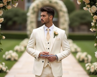 Ivory Mens 3 Piece Wedding Suit Slim Fit Groom Outfit Summer Formal Tuxedo | Paridhanin