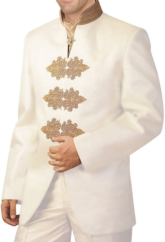 Mens Cream 3 Pc Jodhpuri Suit Embroidered 6 Button | InMonarch
