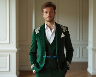 Mens Emerald Green Embroidered Tuxedo Wedding Groom Suit 3 Piece | Paridhanin.