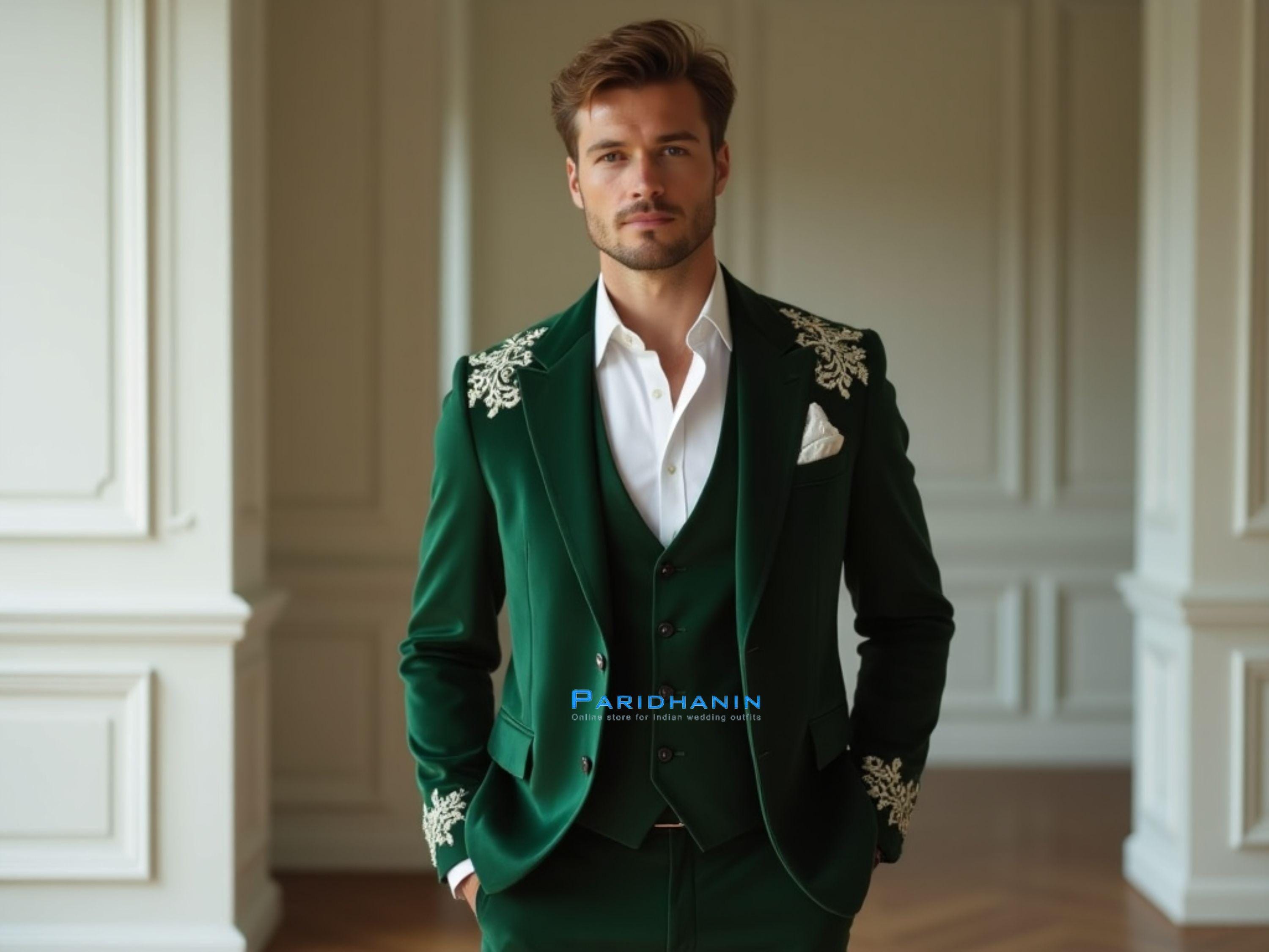 Mens Emerald Green Embroidered Tuxedo Wedding Groom Suit 3 Piece