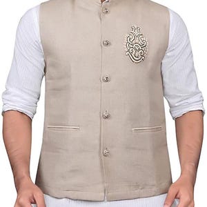 Beige Nehru Jacket for Men with Embroidery | Indian Wedding Waistcoat | Modi Jacket Vest