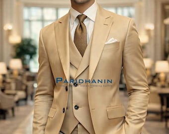 Champagne Gold 3 Piece Tuxedo Suit for Groom Slim Fit Wedding & Formal Evening Attire for Men | Paridhanin.