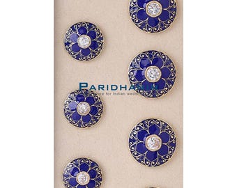 Herr Kungsblå Blommig Meenakari Bandhgala Knappset Guldmässing Bröllop Sherwani Brudgumsoutfit Set om 13 | Paridhanin.