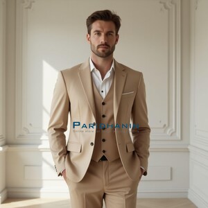 Stone Beige Three Piece Suit for Men | Handmade Formalwear | Custom Wedding Tuxedo | Gift for Him