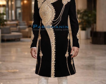 Mens Black Velvet Indo Western Sherwani Wedding Groom Outfit Asymmetrical Embroidered Royal | Paridhanin