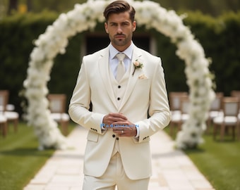 Mens Ivory 3 Piece Wedding Suit Groom Peak Lapel Tuxedo | Paridhanin.