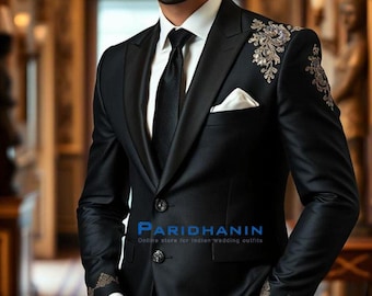 Mens Black Embroidered Tuxedo Wedding Groom Suit Designer Formal | Paridhanin.
