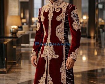 Maroon Gold Velvet Sherwani for Groom – Burgundy Indian Wedding Outfit | Mens Custom Ethnic Wear