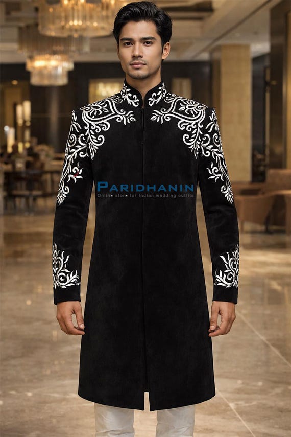 Black Velvet Sherwani for Groom – Golden Embroidered Indian Wedding Outfit | Mens Ethnic Wear