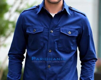 Camisa utilitaria azul real de algodón estilo militar slim fit para hombre | Paridhanin