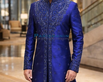 Mens Navy Blue Embroidered Sherwani Wedding Groom Outfit Traditional Indian Attire | Paridhanin.