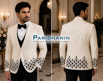 Mens Ivory Embroidered 3 Piece Wedding Suit Black Vest Groom Formal Outfit | Paridhanin.