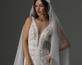 Juliet Cap Wedding Veil Dotted Tulle Lace Applique Veil One Tier Pencil Edge Bridal Veil Vintage Boho Bridal Headpiece