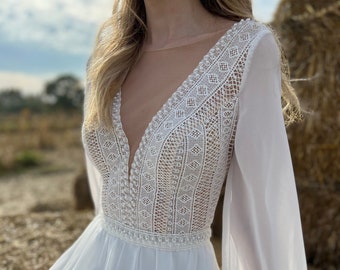 French Lace Wedding Dress, Chiffon Wedding Dress, Long Sleeve Wedding Dress, Deep Plunging Neckline, Boho Wedding Dress, Long Bridal Gown