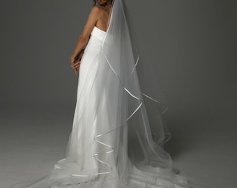 Cascade Wedding Veil One Tier Satin Edge Bridal Veil Long Train Soft Tulle Minimalist Veil Chapel Veil Bridal Accessories