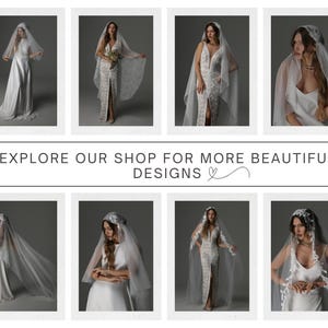 May include: A collection of eight images showcasing various wedding dresses and veils. The dresses range in style, from simple satin gowns to intricately detailed lace designs. The veils are long and flowing, adding an ethereal touch. Text reads: EXPLORE OUR SHOP FOR MORE BEAUTIFUL DESIGNS.