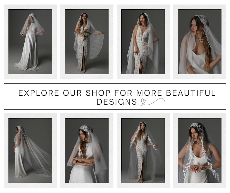 May include: A collection of eight images showcasing various wedding dresses and veils. The dresses range in style, from simple satin gowns to intricately detailed lace designs. The veils are long and flowing, adding an ethereal touch. Text reads: EXPLORE OUR SHOP FOR MORE BEAUTIFUL DESIGNS.