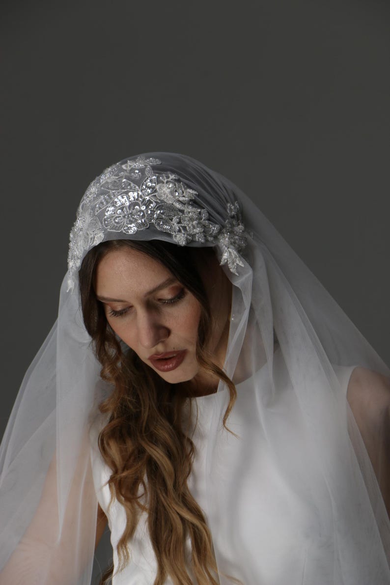 Romantic boho bride in lace cap wedding veil