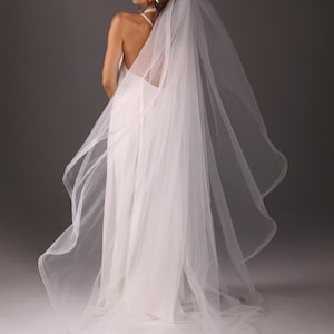 Cathedral Veil with Horsehair Trim, One Tier Long Wedding Veil, Soft Tulle Ribbon Edge Veil, Ivory Bridal Veil for Modern Bride