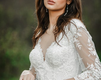 Long Sleeve Wedding Dress, Long Train Wedding Dress,Champagne Wedding Dress, Lace Wedding Dress, Unique Wedding Dress, Boho Wedding Dress,