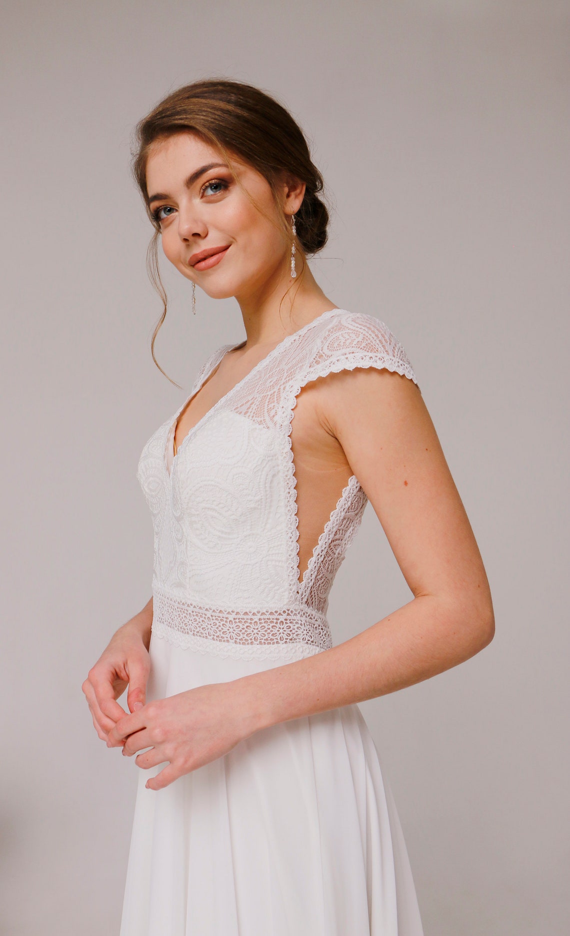 Champagne Wedding Dress, Sleeveless Wedding Dress, Long Train Wedding