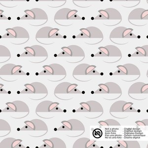 Könnte beinhalten: Ein nahtloses Muster mit einem sich wiederholenden Design aus grauen Mäusen mit rosa Ohren und schwarzen Augen auf hellgrauem Hintergrund.