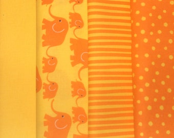 Kinderstoffe * Westfalenstoffe * Junge Linie * 4 x Elefanten Kombi gelb orange Baumwollstoffe * Stoffpaket * Patchworkstoffe