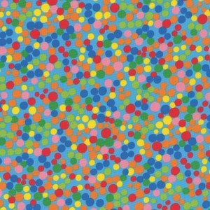 Könnte beinhalten: Ein blauer Hintergrund mit einem Muster aus bunten Punkten. Die Punkte sind in verschiedenen Schattierungen von Rot, Orange, Gelb, Grün, Blau und Pink.