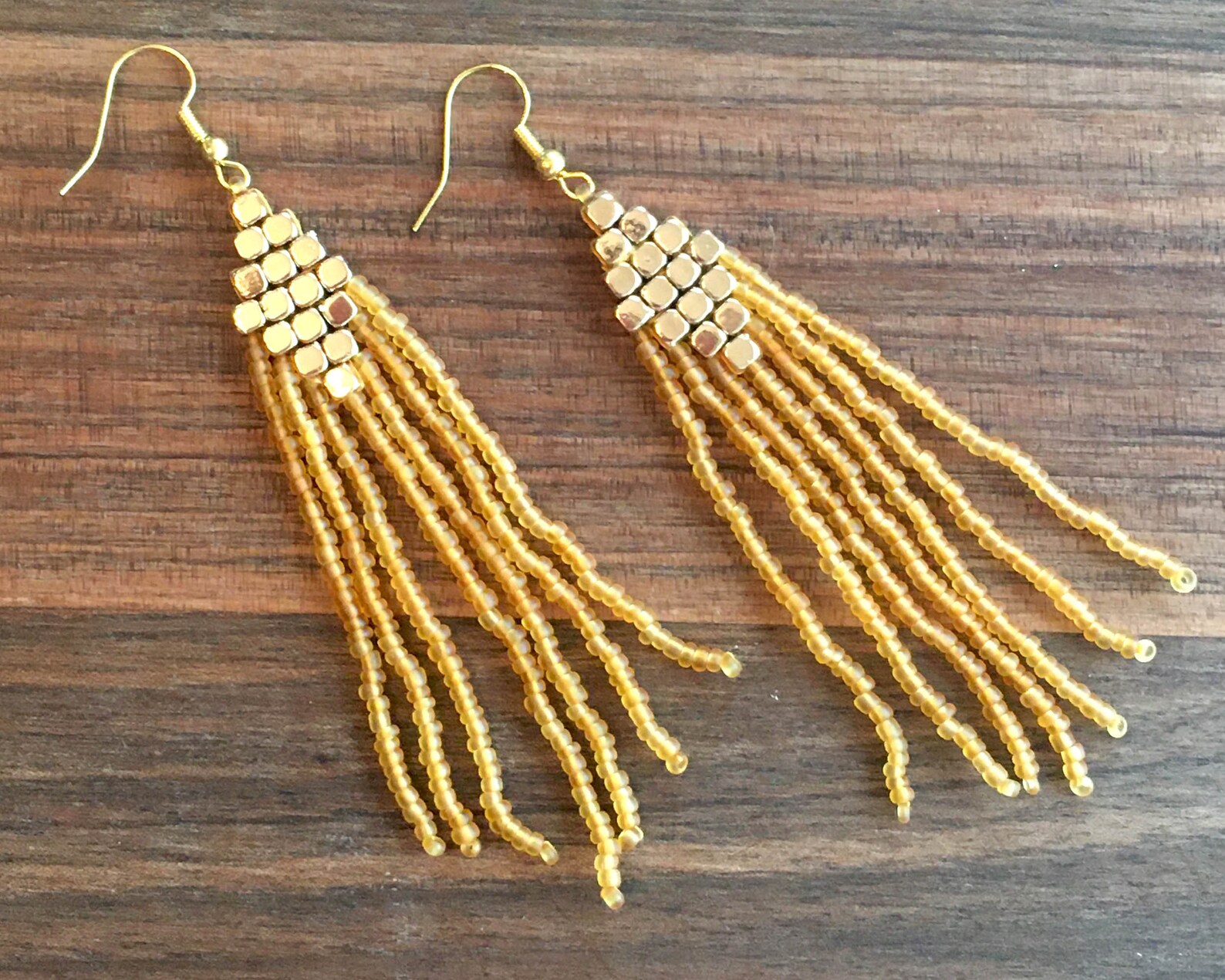 Yellow Seed Bead Earrings Fringe Beaded Earrings Bohemian Etsy