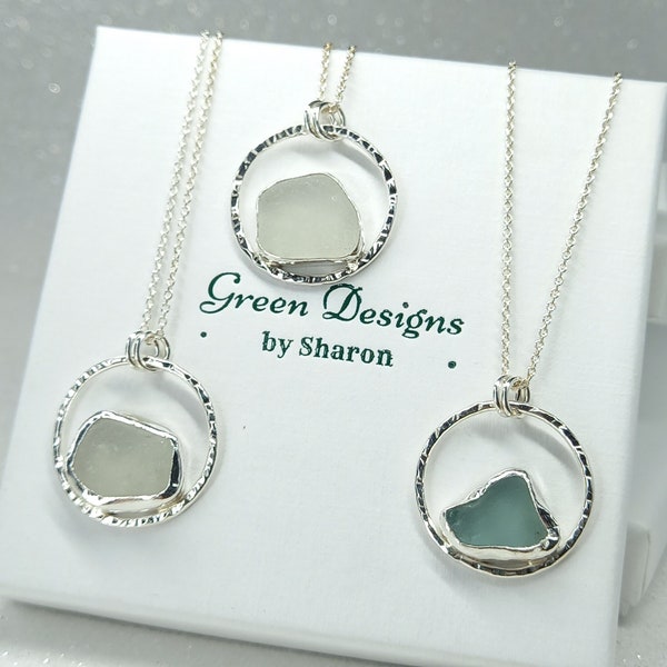 Scottish Sea Glass Sterling Silver Hammered Hoop Necklace - White or Seafoam
