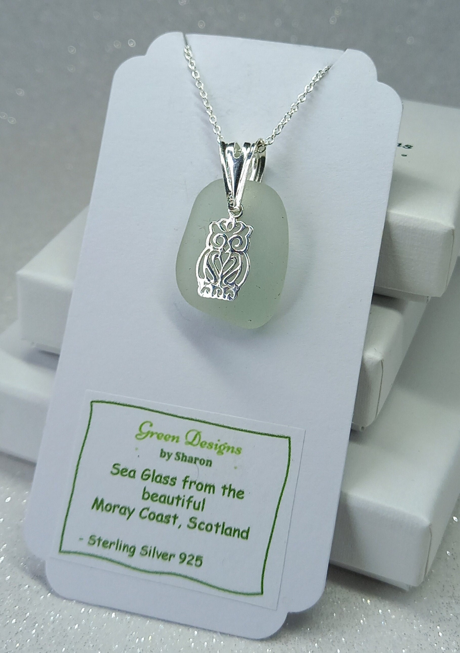 Scottish Sea Glass Owl Charm Necklace - Sterling Silver - Various Colours available