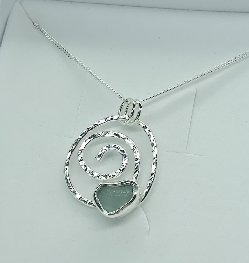 Scottish Sea Glass Sterling Silver Hammered Swirl Necklace Seafoam Etsy